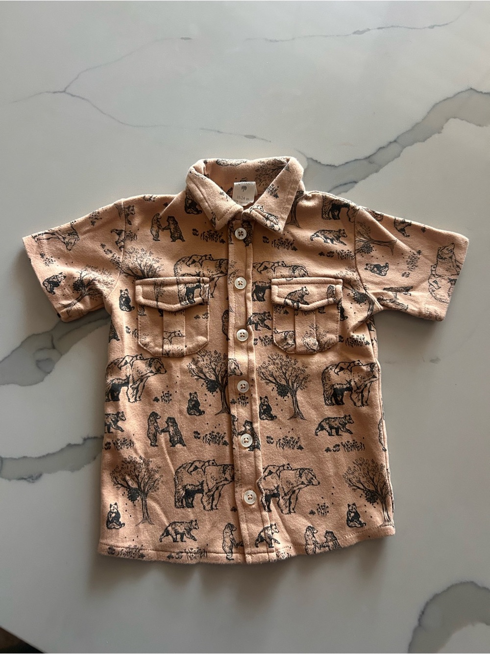 kate quinn Tan Short-Sleeve Button-Front Shirt with Bear Print